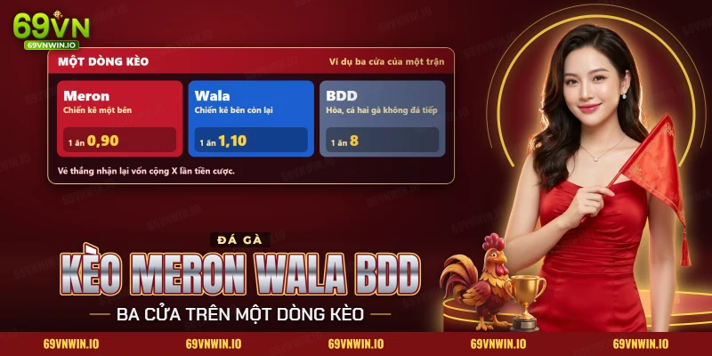 Kèo đá gà Meron Wala BDD 69VN với ba cửa Meron, Wala, BDD và tỷ lệ của từng cửa trên một dòng kèo