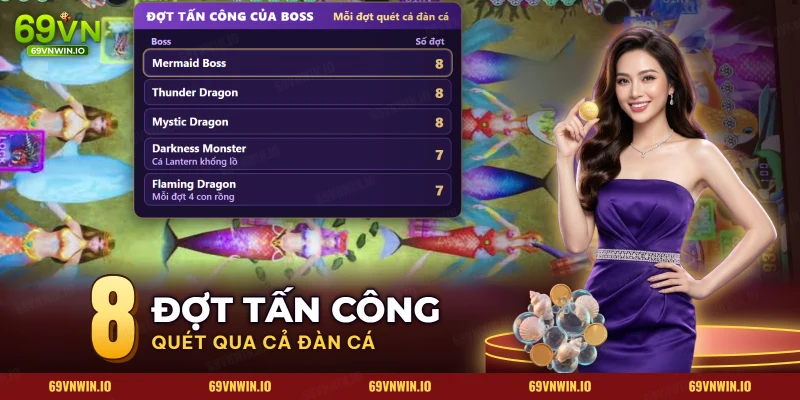 Bảng số đợt tấn công của Mermaid Boss và các boss khác trên bàn bắn cá nàng tiên cá