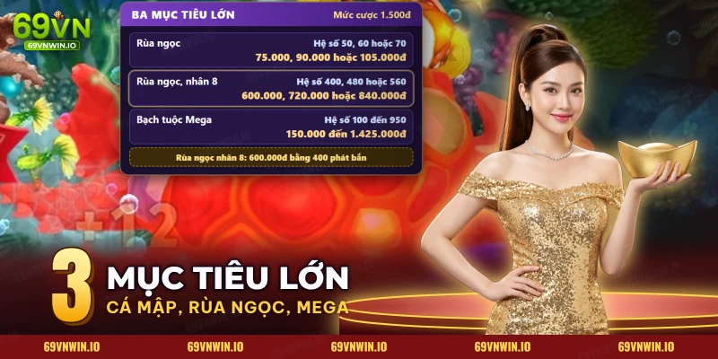 Bàn bắn cá Happy Fishing có rùa ngọc nổi bật cùng bảng thưởng của rùa ngọc và bạch tuộc Mega