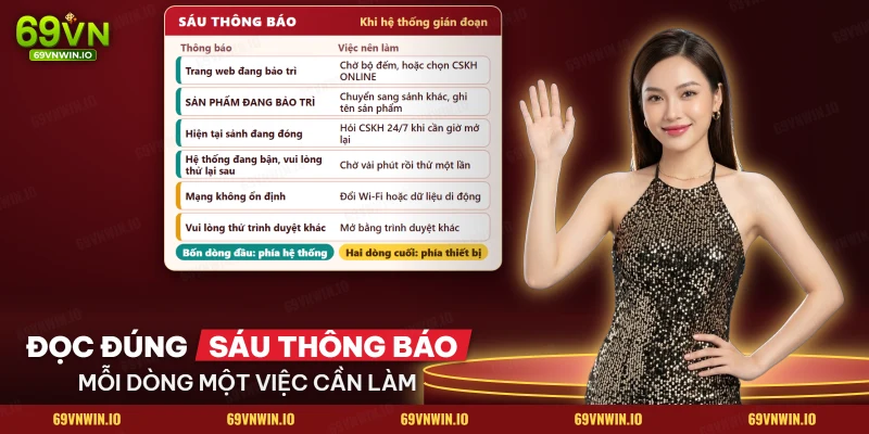 Bảng sáu thông báo thường gặp khi 69VN bảo trì hoặc không mở được, kèm việc nên làm