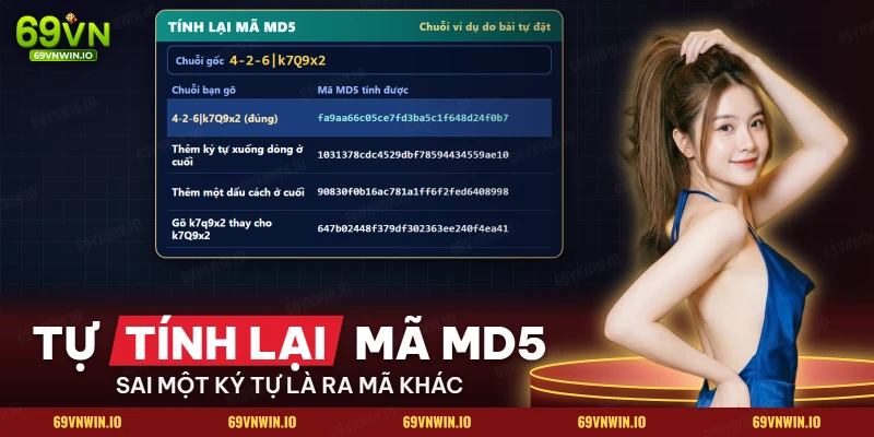 Công cụ tính MD5 với chuỗi gốc ví dụ và bốn mã khác nhau do lỗi gõ làm lệch kết quả